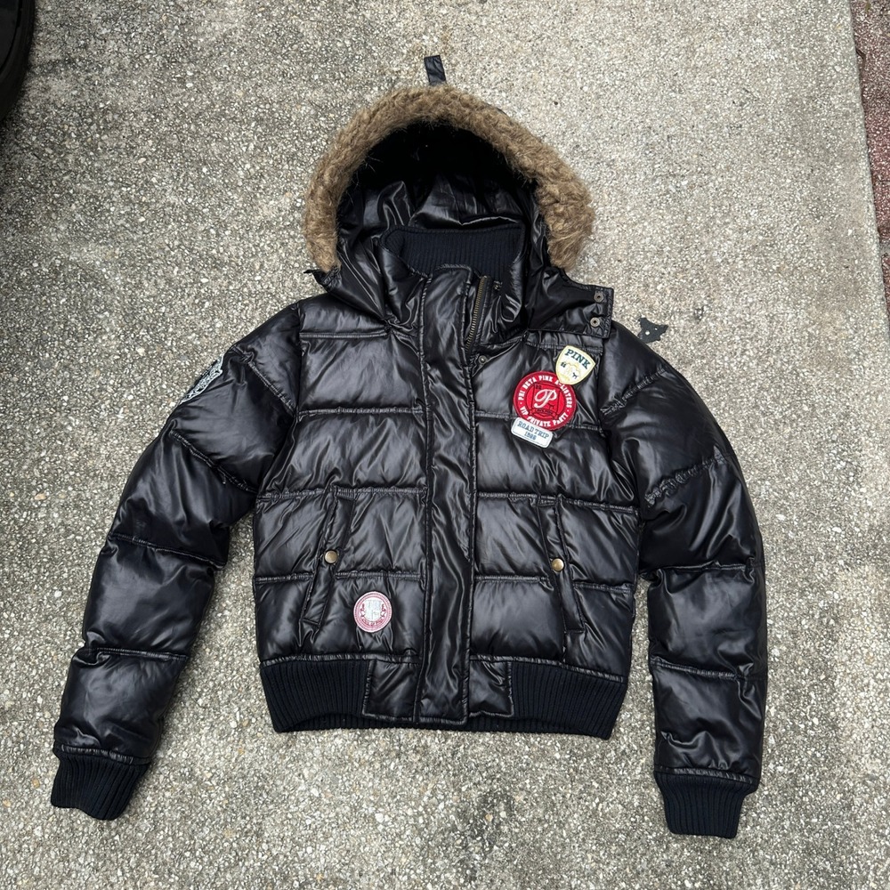 Victoria's Secret PINK Black Down Puffer Jacket Faux Fur Hood Varsity Patches M